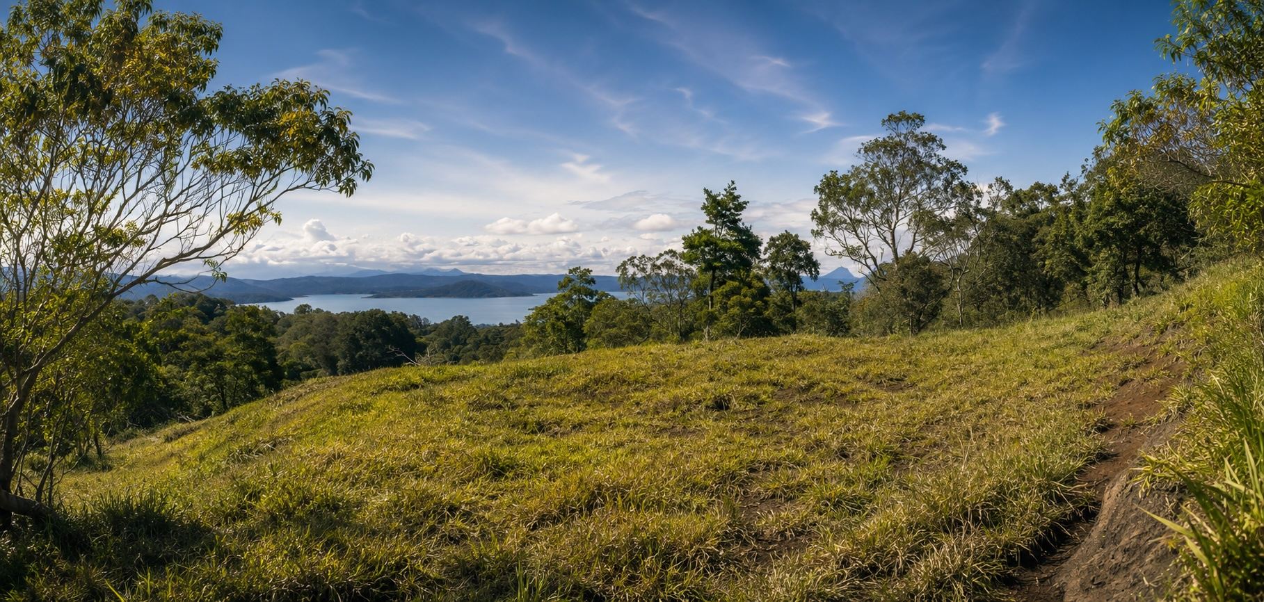 Ein vorbereitetes Plateau auf dem Hügel mit See und Vulkan im Hintergrund